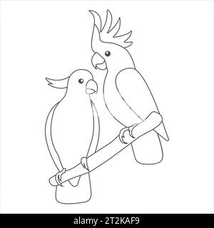 Australian doodle parrots couple. Cartoon cockatoo. Cute flat vector love parrots sitting on a branch isolated on white background. Talking realistic Stock Vector