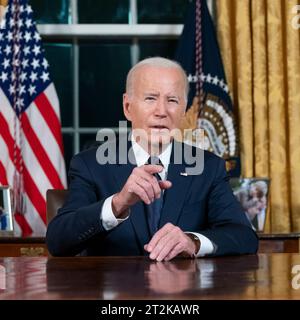 Washington, United States. 19th Oct, 2023. U.S President Joe Biden delivers an address to the nation on his response to the recent Hamas terrorist attacks in Israel and the ongoing Russia invasion of Ukraine from the Oval Office of the White House, October 19, 2023 in Washington, DC Credit: Oliver Contreras/White House Photo/Alamy Live News Stock Photo