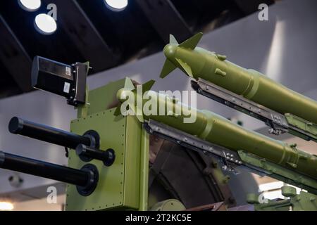 Modern sophisticated air defense missile system and rockets on self propelled launching weapon, exposed at arms international weapons fair in Belgrade Stock Photo