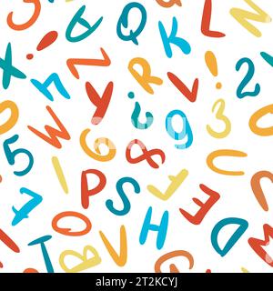 Funny bubble letters and numbers seamless pattern. Cute colorful kids alphabet background. Print collection hand drawn English letters for textile Stock Vector