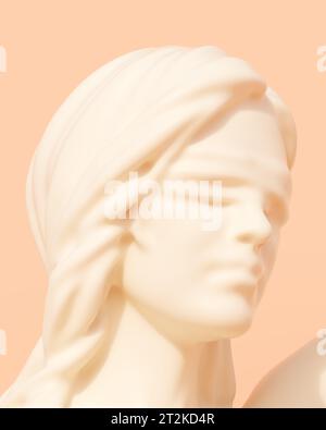 Cream lady justice blindfold face head statue judicial system peach background 3d illustration render digital rendering Stock Photo