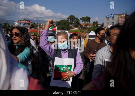 Kathmandu, NE, Nepal. 20th Oct, 2023. Former Prime Minister Baburam Bhattarai (C) participates in a protest demanding Israel stop the war in Gaza and free Palestine, near the Israeli Embassy in Kathmandu, Nepal on October 20, 2023. (Credit Image: © Aryan Dhimal/ZUMA Press Wire) EDITORIAL USAGE ONLY! Not for Commercial USAGE! Stock Photo