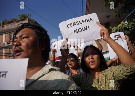 Kathmandu, NE, Nepal. 20th Oct, 2023. Activists participate in a protest demanding Israel stop the war in Gaza and free Palestine, near the Israeli Embassy in Kathmandu, Nepal on October 20, 2023. (Credit Image: © Aryan Dhimal/ZUMA Press Wire) EDITORIAL USAGE ONLY! Not for Commercial USAGE! Stock Photo