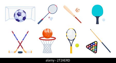 Sports equipment for tennis, badminton, baseball, table tennis, basketball, billiard, soccer, hockey Rackets balls shuttlecock stick Vector Illustrati Stock Vector