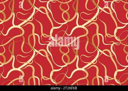 Gold Squiggle cute naive seamless pattern on red. Creative bright scribble abstract style. Colored background illustration for celebration. Simple han Stock Vector