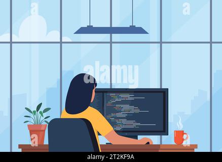 Young woman writing code on a desktop computer. Software developer at work. Workplace with modern interior, panoramic windows, cityscape behind. Vecto Stock Vector