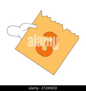 Tear-off calendar page day 3 linear cartoon character hand illustration Stock Vector