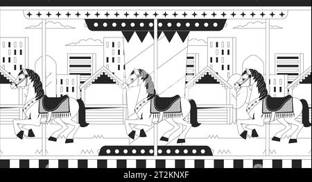 Sunset city carousel horses black and white lofi wallpaper Stock Vector