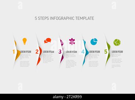 Vector five steps progress or options template with icons and color blobs cut from the white paper, descriptions and icons. Stock Vector