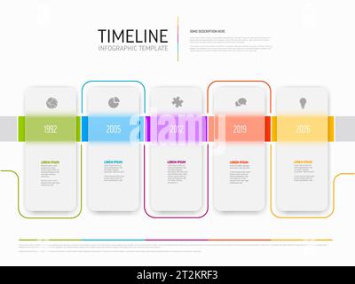 Vector horizontal light color time line with icons in five semi transparent matt glass rectangle blocks template  with icons, descriptions and rainbow Stock Vector