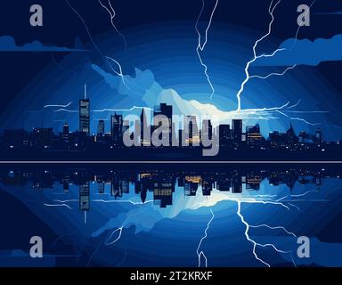 City at night in rain with thunder and lightning. Cartoon vector ...