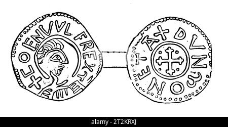 Drawing of a Silver Penny of the Anglo-Saxon King Coenwulf of Mercia; 8th Century. Black and White Illustration from the 'Old England' published by James Sangster in 1860. Stock Photo