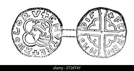 Drawing of a Silver Penny from the reign of King Canute or Cnut of England. 11th century. Black and White Illustration from the 'Old England' published by James Sangster in 1860. Stock Photo