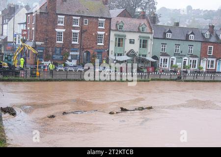 Bewdley, UK. 20th October, 2023. UK weather: Storm Babet causing severe flooding across the Midlands. The River Severn in Bewdley is close to flooding as Environment Agency workers speedily set to work installing the flood defences. Credit: Lee Hudson/Alamy Live News Stock Photo