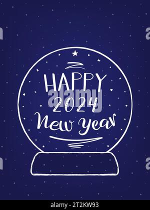Happy New Year 2024 greeting card. Handwritten inscription  in a snow globe. White text on dark blue background. Christmas tree pen stroke and star. Stock Vector