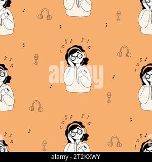 Seamless pattern with girl in headphones listening to music on orange background. Vector illustration in hand drawn doodle style Stock Vector