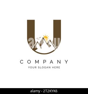 letter U with mountain logo inspiration, alphabet U with mountains, peaks, sun and birds concept design logo vector line pattern Stock Vector