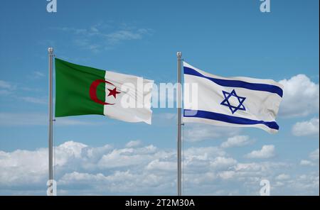 Israel and Algeria flags waving together on blue cloudy sky, two country relationship concept Stock Photo