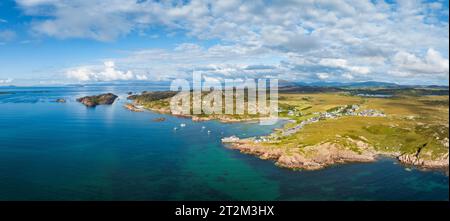 Aerial panorama of the coastline of the Ross of Mull peninsula with the fishing village of Fionnphort, Isle of Mull, Argyll and Bute, Scotland Stock Photo