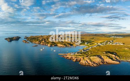 Aerial panorama of the coastline of the Ross of Mull peninsula with the fishing village of Fionnphort, Isle of Mull, Argyll and Bute, Scotland Stock Photo