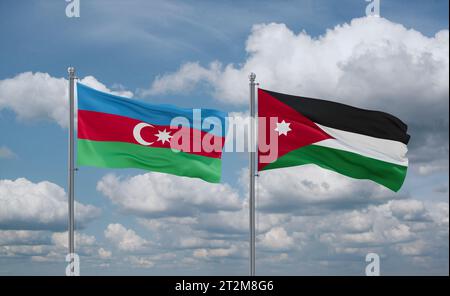 Jordan and Azerbaijan flags waving together in the wind on blue cloudy sky, two country relationship concept Stock Photo