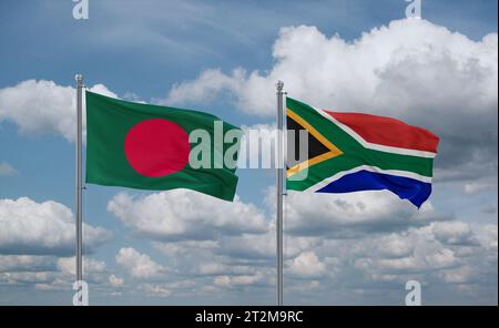 Republic of South Africa and Bangladesh flags waving together in the wind on blue cloudy sky, two country relationship concept Stock Photo