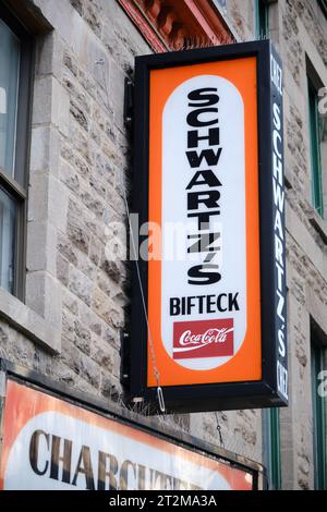 Sign for Schwartz's deli a Montreal institution serving traditional Smoked meat on St-Laurent street Stock Photo