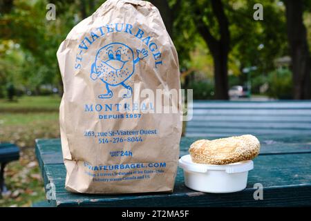 Paper bag of bagels from St-Viateur Bagel in montreal, with a bagel and creme cheese next to it out on a picnic table Stock Photo