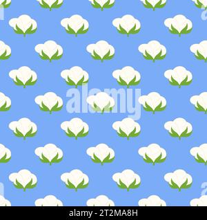 Floral cotton pattern and background with white flowers and cotton balls and buds. Stock Vector