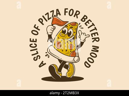 A slice of pizza for better mood. Vintage mascot character illustration of walking pizza, holding a flag Stock Vector