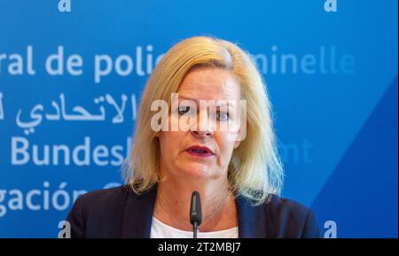 Wiesbaden, Germany. 20th Oct, 2023. Nancy Faeser (SPD), Federal Minister of the Interior, speaks at the Federal Criminal Police Office on the current security situation. Federal Minister of the Interior Faeser and BKA Vice President Peter have commented on the current security situation and the measures taken by the security authorities in Germany as a result of the Hamas terrorist attacks on Israel. Credit: Andreas Arnold/dpa/Alamy Live News Stock Photo