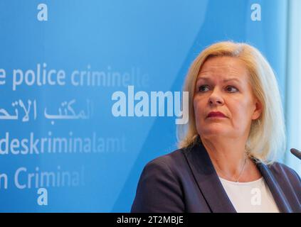 Wiesbaden, Germany. 20th Oct, 2023. Nancy Faeser (SPD), Federal Minister of the Interior, speaks at the Federal Criminal Police Office on the current security situation. Federal Minister of the Interior Faeser and BKA Vice President Peter have commented on the current security situation and the measures taken by the security authorities in Germany as a result of the Hamas terrorist attacks on Israel. Credit: Andreas Arnold/dpa/Alamy Live News Stock Photo