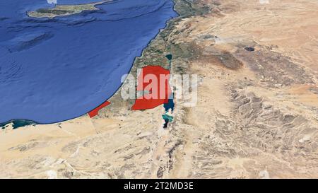 An 3D satellite image map of the earth showing the Palestinian Territories with Gaza Strip and West Bank highlighted in red. No text. Stock Photo