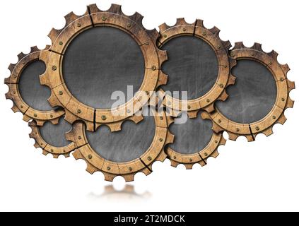 Group of wooden gears (cogwheels) with empty blackboard inside and copy space. Isolated on white background, 3D illustration. Stock Photo