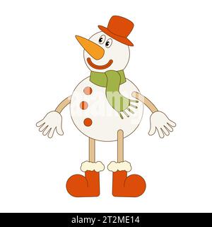 Christmas illustration of a snowman in retro groovy style. Cartoon character on a white background. Vector. Stock Vector