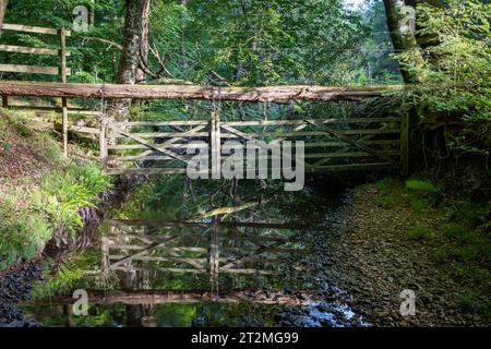 A hanging barricade over a river in the New Forest, Hampshire, UK. They protect special enclosures. Two five bar gates hang from an old log by chains Stock Photo