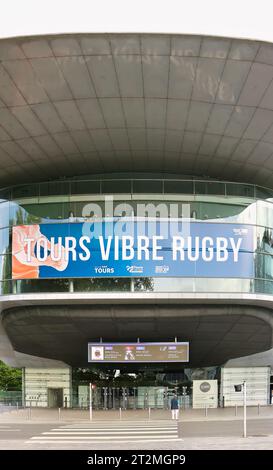 Enormous sign Tours Vibre Rugby for the Rugby World Cup 2023 tournament on the facade of the Vinci - International Congress Center Tours France Stock Photo