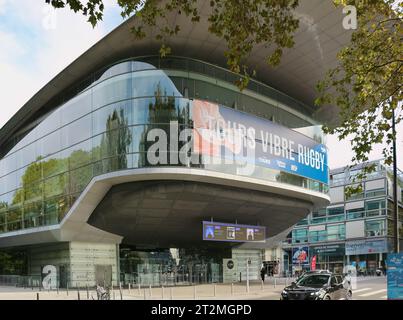 Enormous sign Tours Vibre Rugby for the Rugby World Cup 2023 tournament on the facade of the Vinci - International Congress Center Tours France Stock Photo