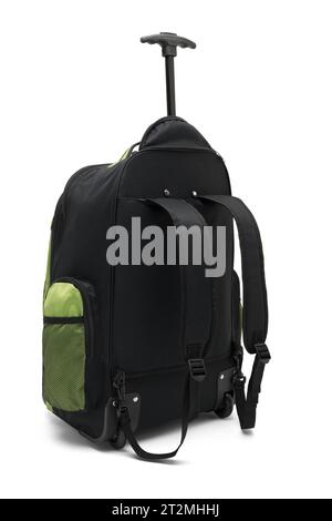rolling green backpack isolated on white background. travel daypack with zippered and shoulder straps. foldable stand bag with handle and wheels. Stock Photo