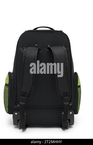 rolling green backpack isolated on white background. travel daypack with zippered and shoulder straps. foldable stand bag with handle and wheels. Stock Photo