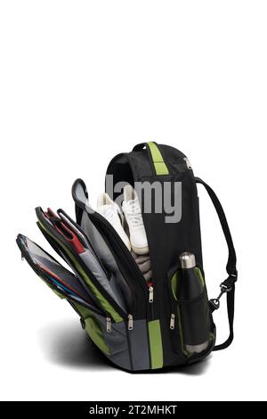 rolling green backpack isolated on white background. travel daypack with zippered and shoulder straps. foldable stand bag with handle and wheels. Stock Photo