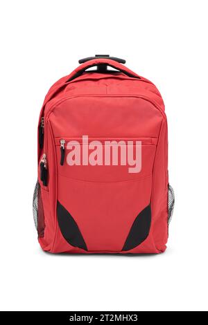 rolling red backpack isolated on white background. travel daypack with zippered and shoulder straps. foldable stand bag with handle and wheels. Stock Photo