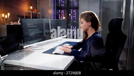 Software Programmer Or Coder Woman Using Office Computer Stock Photo