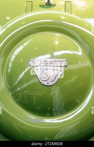 Green spare tyre cover of the 1938 Bugatti Type 57C Special Coupé, Autoworld museum, Brussels, Belgium Stock Photo