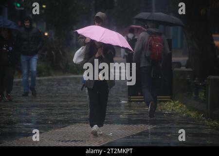 Newcastle, UK. 20th Oct 2023. Storm Babet - People battle the weather in Newcastle City Centre as second Red warning issued by the Met Office. Storm Babet has already brought significant impacts, particularly to eastern England and Scotland. Newcastle upon Tyne, UK, October 20th, 2023, Credit: DEW/Alamy Live News Stock Photo