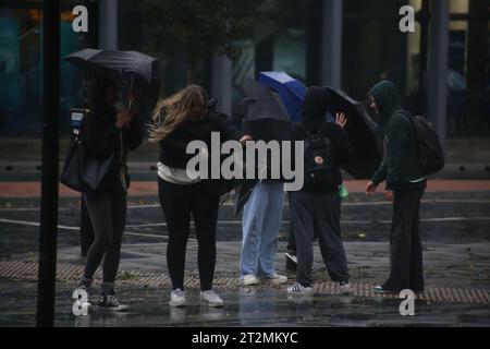 Newcastle, UK. 20th Oct 2023. Storm Babet - People battle the weather in Newcastle City Centre as second Red warning issued by the Met Office. Storm Babet has already brought significant impacts, particularly to eastern England and Scotland. Newcastle upon Tyne, UK, October 20th, 2023, Credit: DEW/Alamy Live News Stock Photo