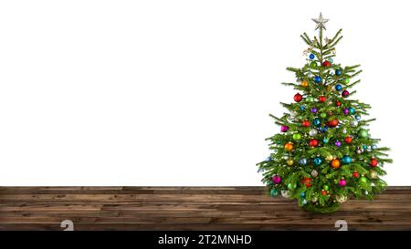 Delightful Christmas tree decorated with colorful ornaments placed on wooden floor, isolated on white background Stock Photo