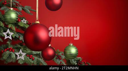 Red Christmas background with fir tree closeup and copy-space, decorated with baubles and stars Stock Photo