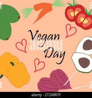 Vegan seamless design.. World vegetarian day. Hand drawn frame with vegetables. Typography design. Stock Vector