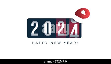Countdown to 2024 in analog counter style. Vibrant celebration with playful numbers, Santa hat, and digital clock. Perfect for festive banners and New Stock Vector
